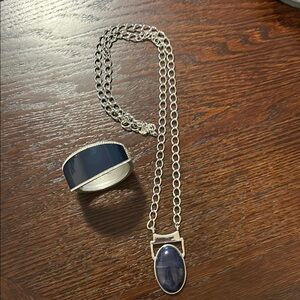 Silver Necklace and Bracelet Set with Blue Accents